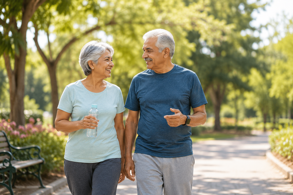 Active older couple walking outdoors together for healthy aging and senior wellness