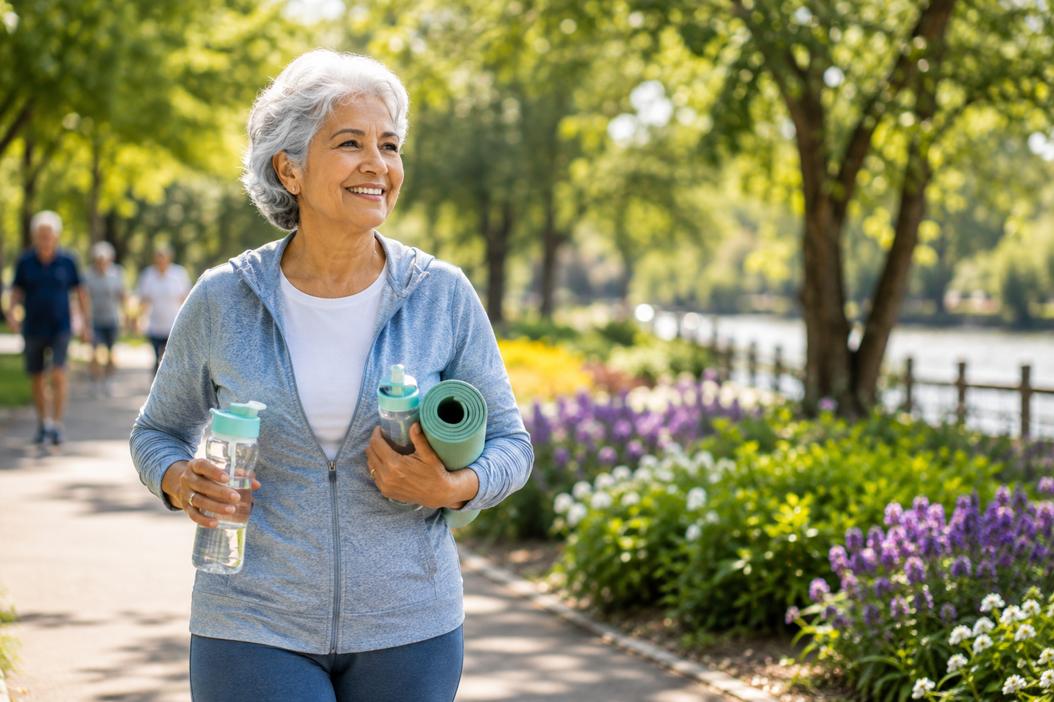 Active older woman walking outdoors with an exercise mat and water bottle, promoting healthy aging and an active lifestyle.