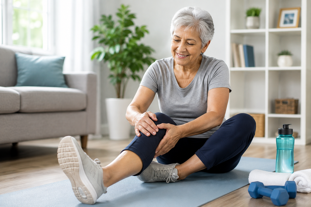 Older woman doing gentle knee stretches at home to support joint mobility and arthritis management.