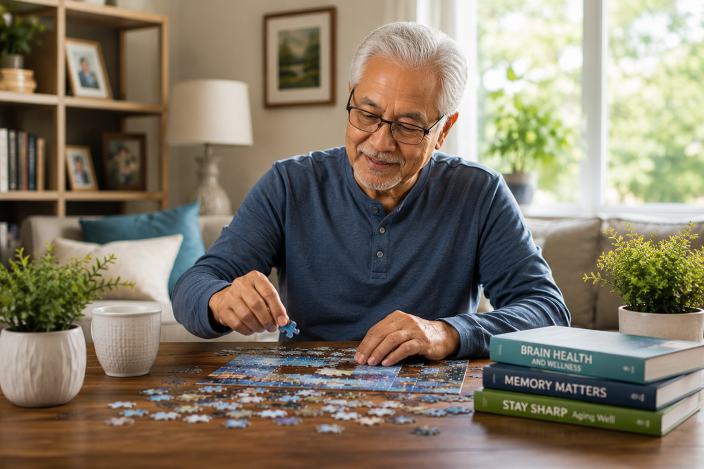 Older man completing a jigsaw puzzle at home to support cognitive health, memory, and healthy aging.