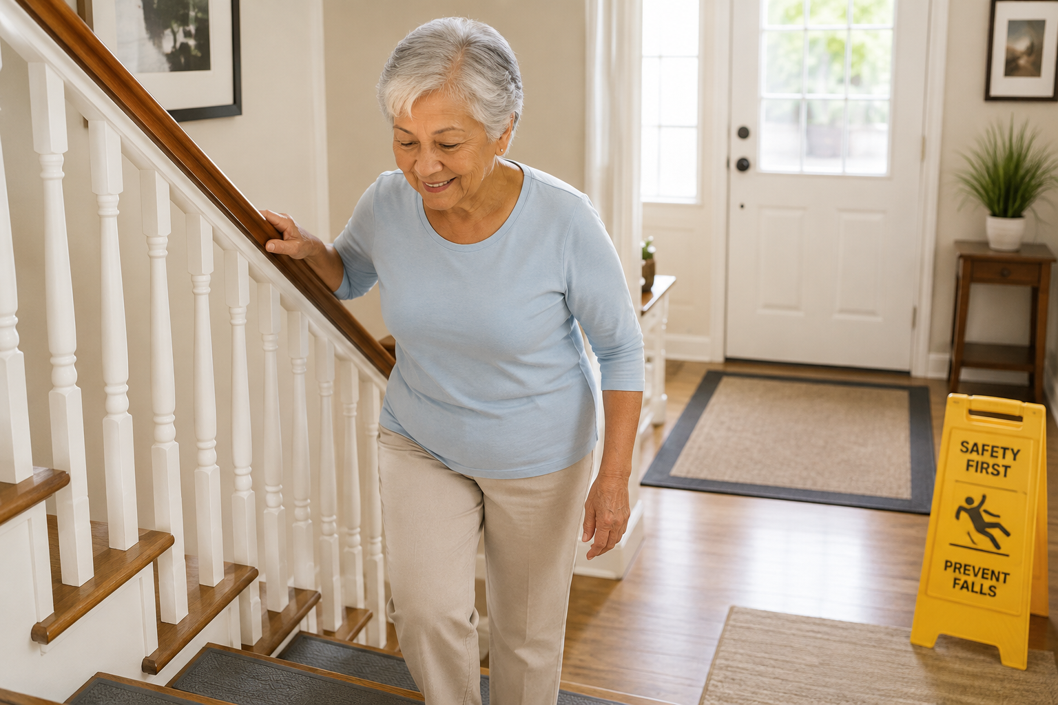 Older woman safely using a stair handrail at home to help prevent falls and support senior independence.
