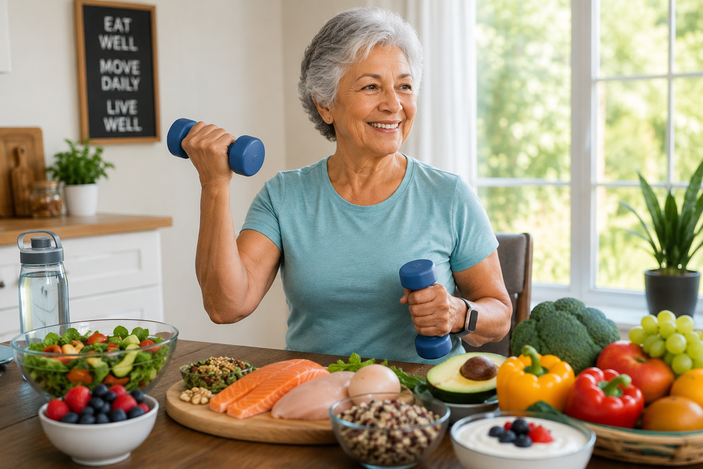Older woman combining strength exercise with nutritious whole foods to support healthy aging, strength, and overall wellness.