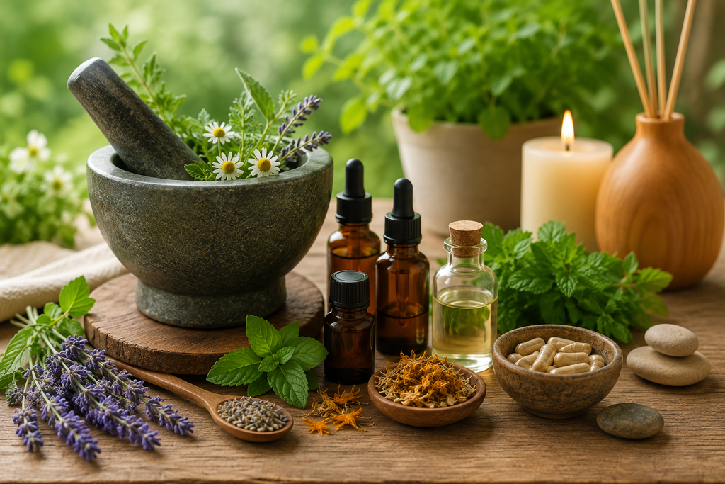 Herbal remedies, essential oils, and natural wellness ingredients representing alternative and holistic medicine practices.