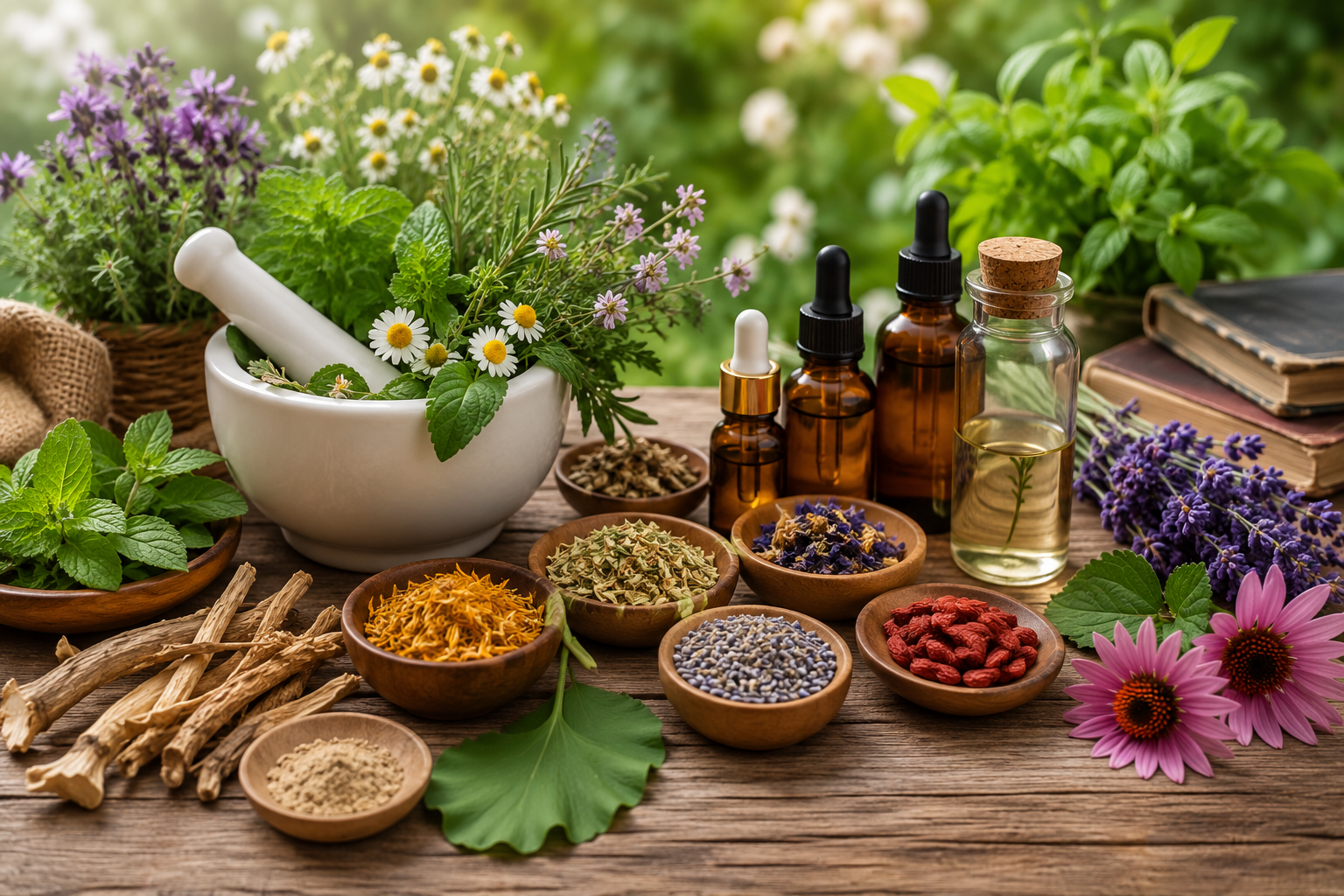 Herbal remedies, medicinal plants, essential oils, and natural ingredients representing herbal healing and holistic wellness practices.