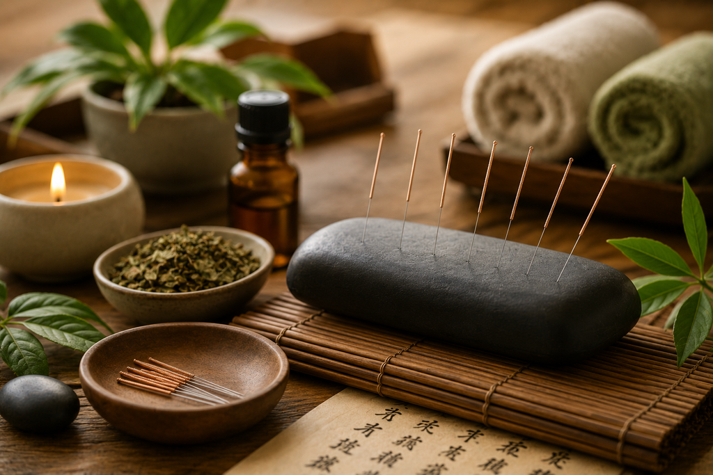 Acupuncture needles with natural wellness elements representing traditional acupuncture and holistic health practices.
