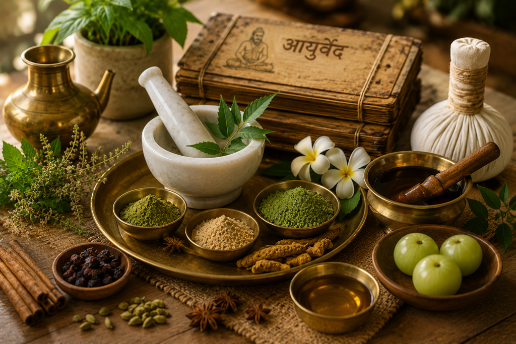 Ayurvedic herbs, spices, oils, and traditional wellness ingredients representing Ayurveda and holistic medicine practices.