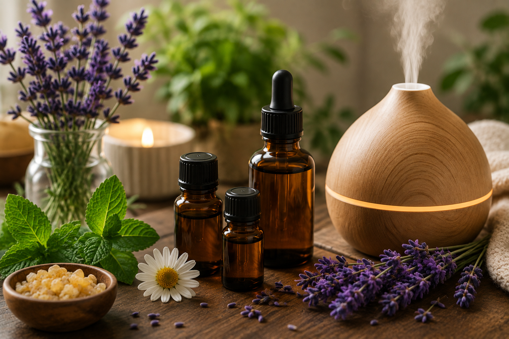 Essential oil bottles, lavender, mint, and an aromatherapy diffuser representing the use and study of essential oils in holistic wellness.