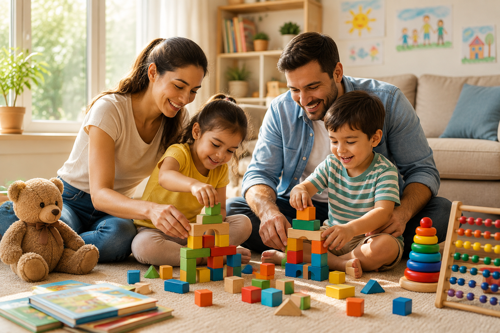Parents engaging in educational play with their young children to support healthy development, learning, and family well-being.