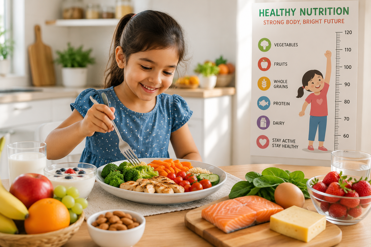 Young child enjoying a balanced meal with fruits, vegetables, whole grains, and protein to support healthy growth and development.