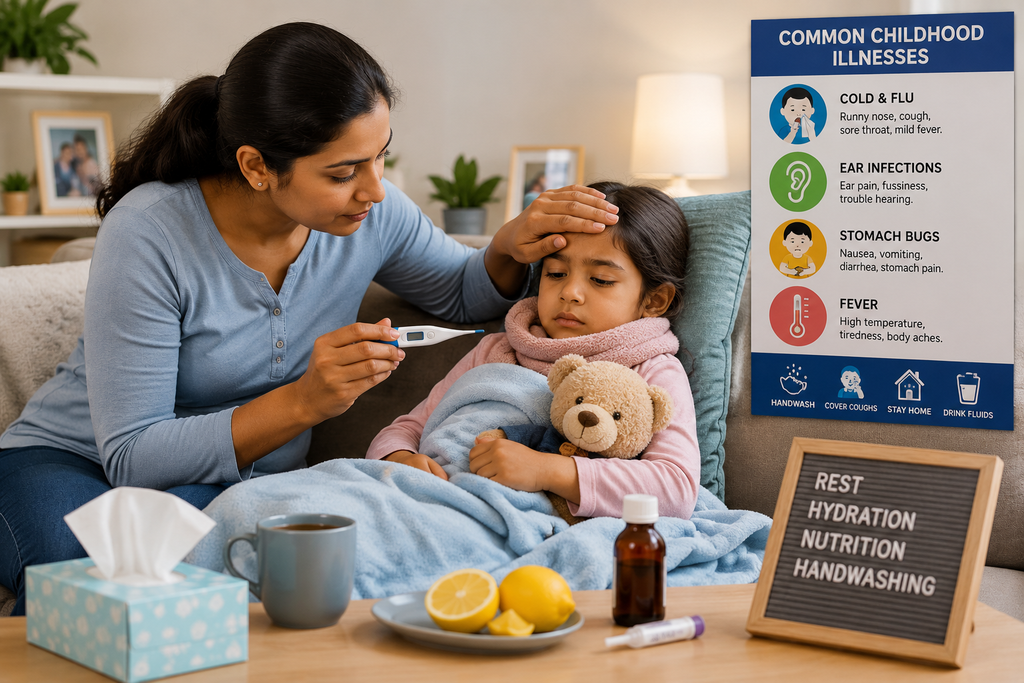 Parent caring for a sick child at home and checking her temperature during a common childhood illness.