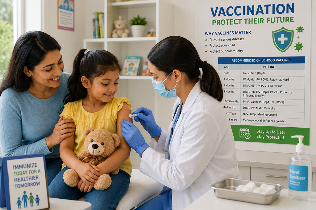 Healthcare provider administering a routine vaccination to a child with a parent present during a pediatric visit.