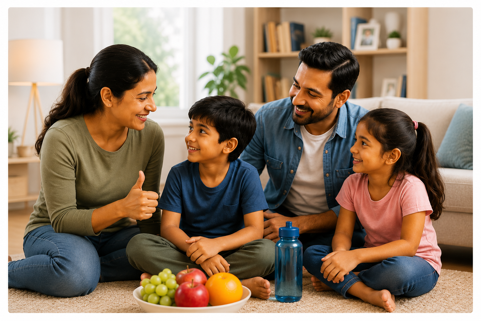 Parents spending quality time with their children while encouraging healthy habits, positive communication, and family well-being.