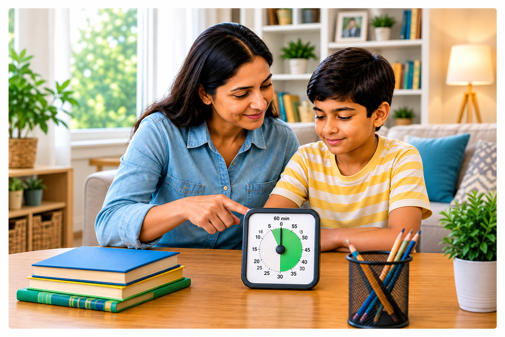Mother and child using a visual timer together to establish healthy screen-time limits and balanced digital habits.