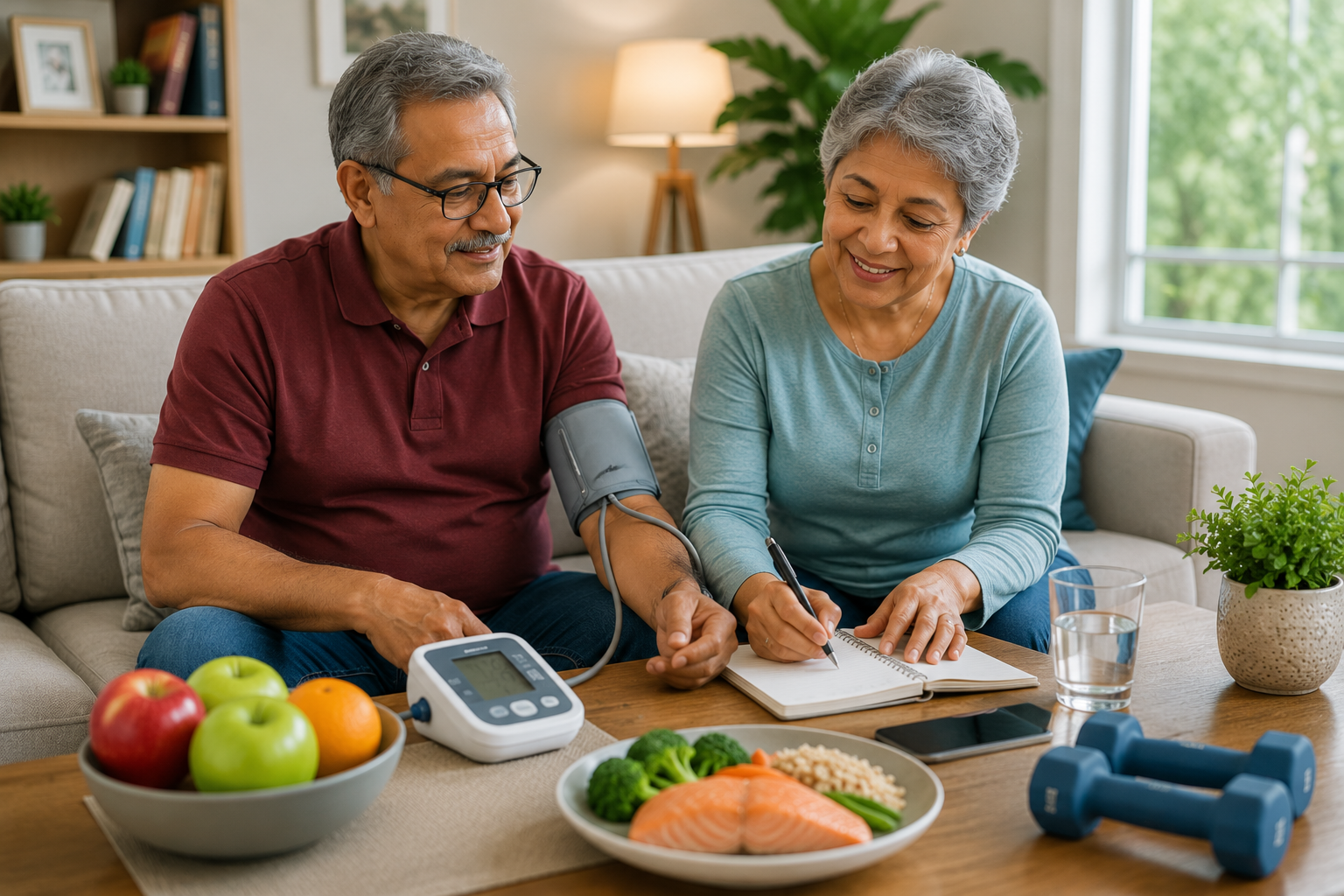Older couple monitoring blood pressure at home while practicing healthy lifestyle habits to help manage chronic health conditions.