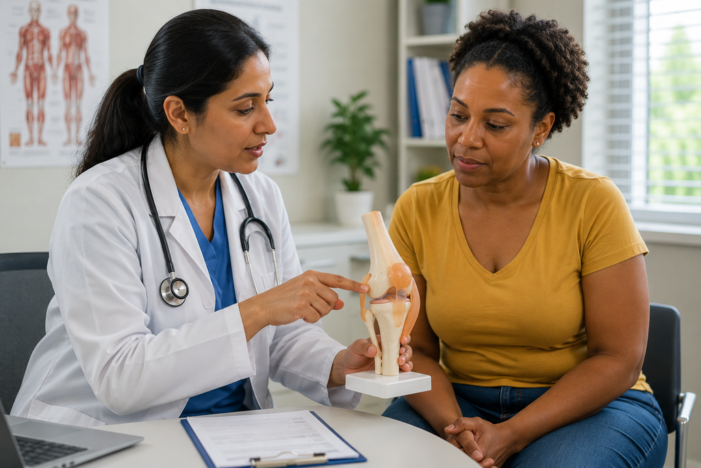 Healthcare provider using a joint model to discuss autoimmune-related joint health and treatment options with a patient.