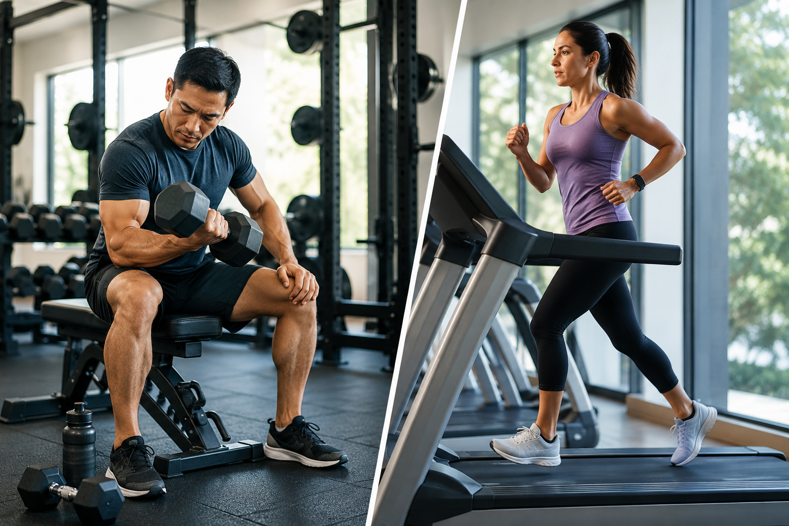 Man performing strength training with dumbbells while a woman exercises on a treadmill, representing a balanced approach to strength and cardiovascular fitness.