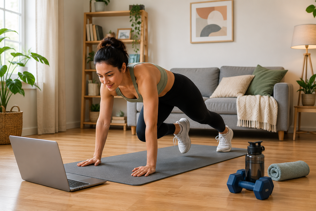 Woman following a home workout using a laptop while performing a bodyweight exercise with fitness equipment nearby.