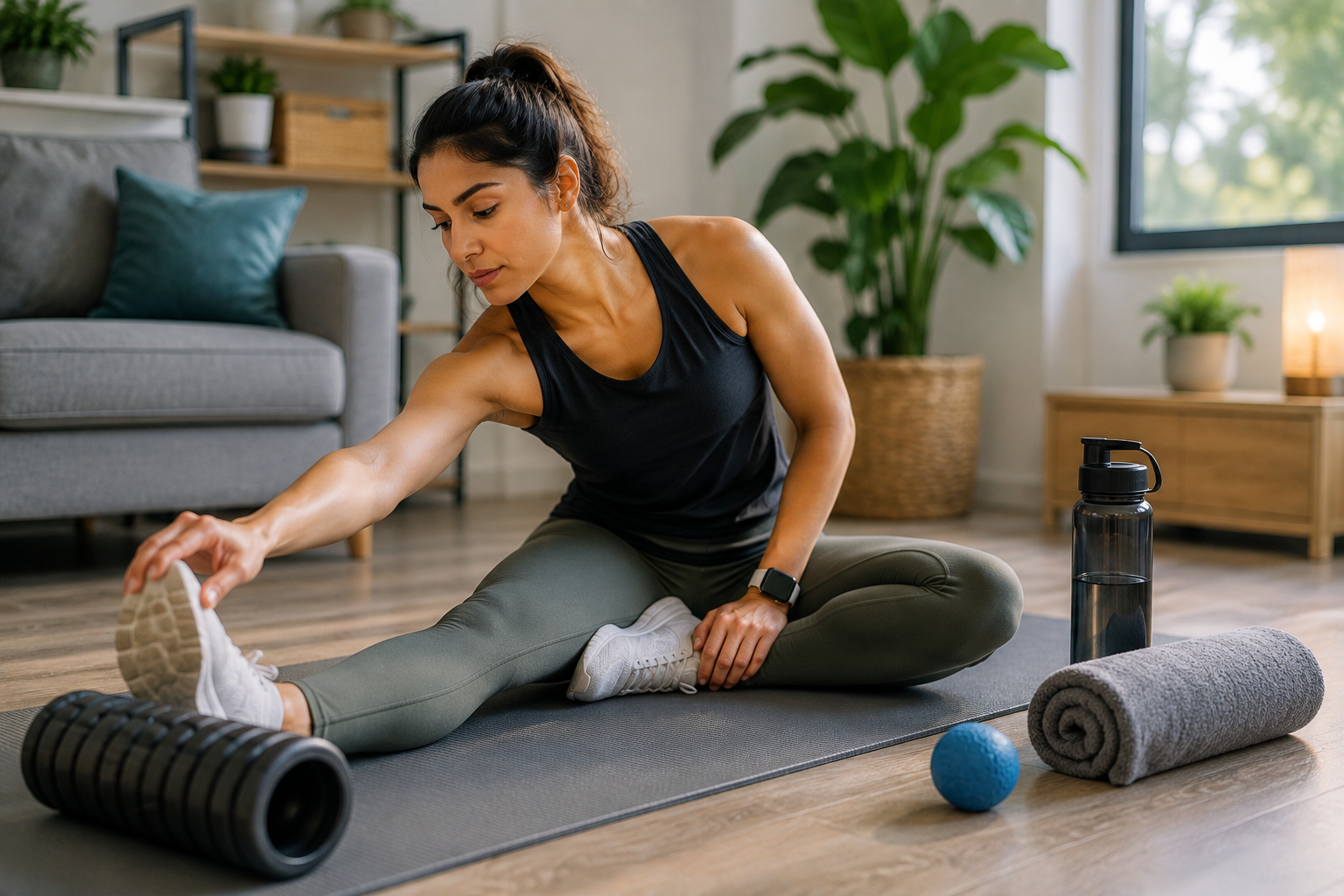 Woman stretching after exercise with recovery equipment nearby to support flexibility, muscle recovery, and injury prevention.