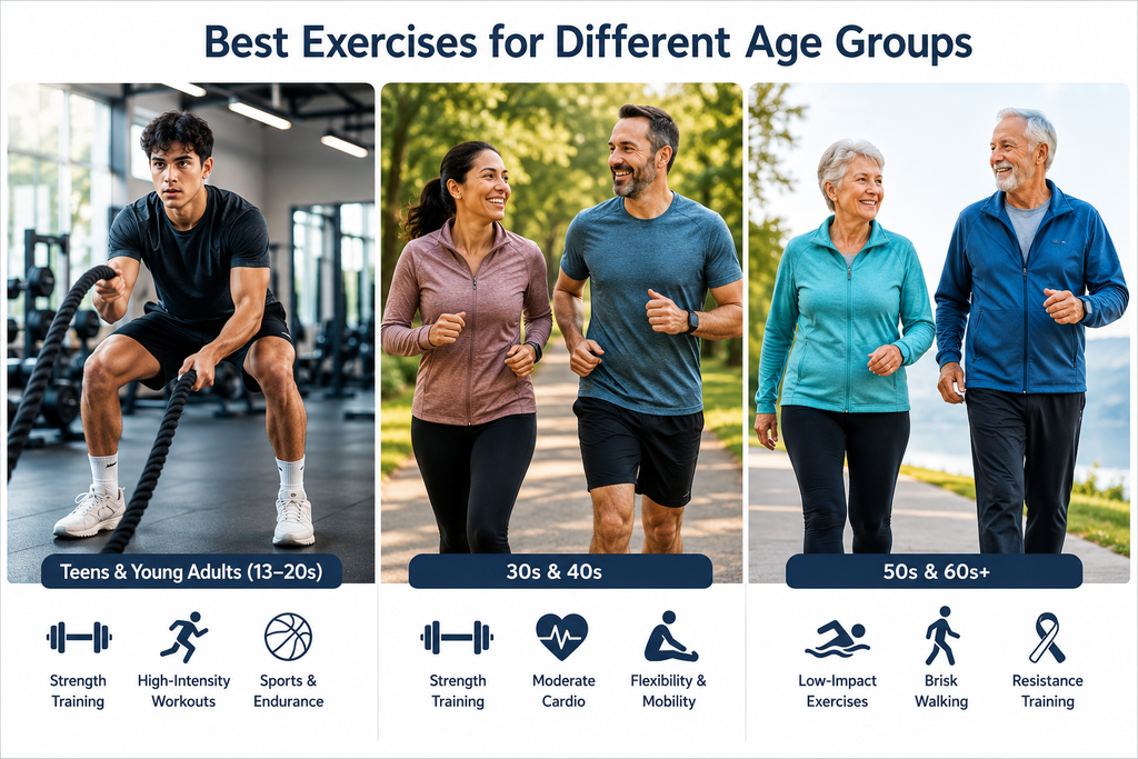 People of different age groups participating in age-appropriate physical activities, including strength training, jogging, and walking.