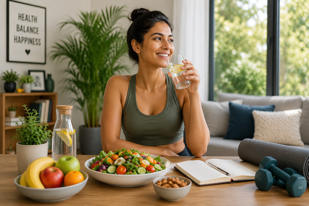 Woman enjoying a balanced meal and staying hydrated with fitness equipment nearby, representing healthy daily habits and overall wellness.