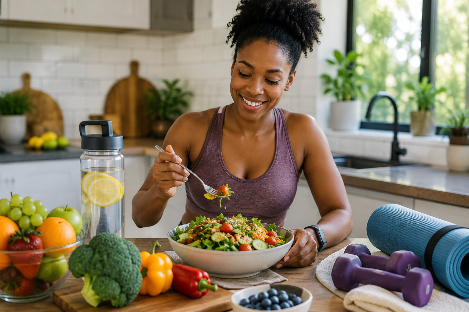Woman enjoying a nutritious meal with fresh fruits and vegetables alongside fitness equipment, representing healthy eating, hydration, and regular physical activity.