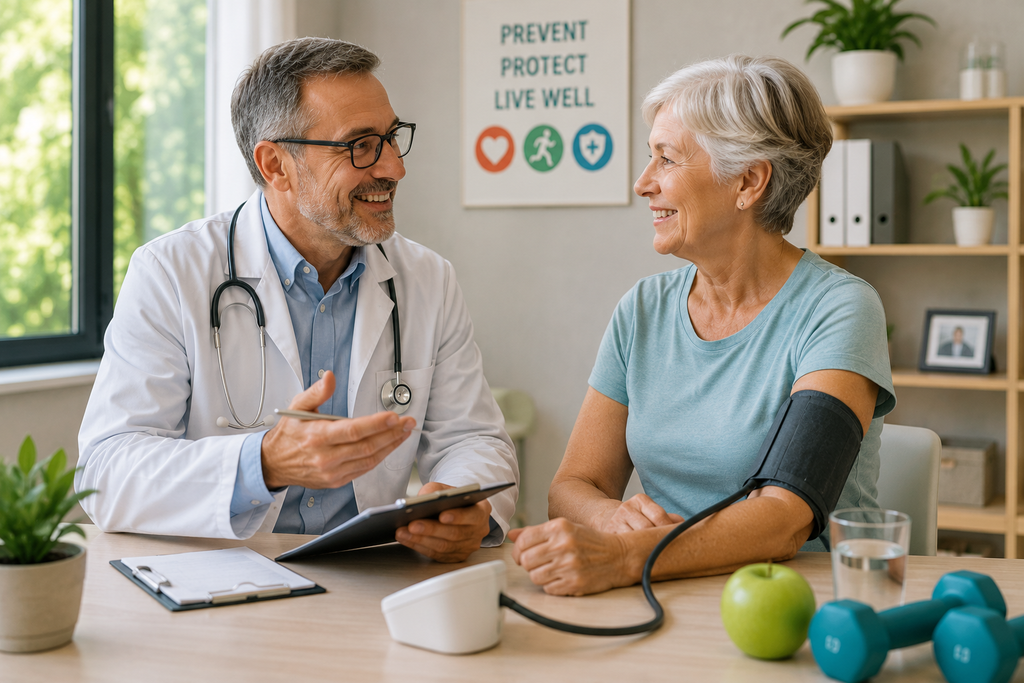 Older woman receiving a routine blood pressure check during a preventive healthcare visit with her doctor.