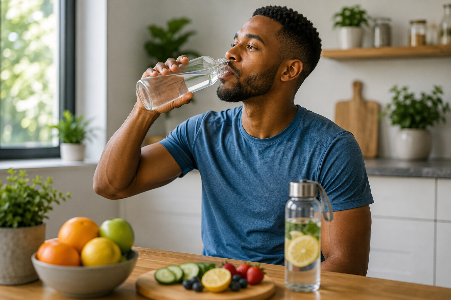 Man drinking water in a bright kitchen, representing healthy hydration habits and overall wellness.