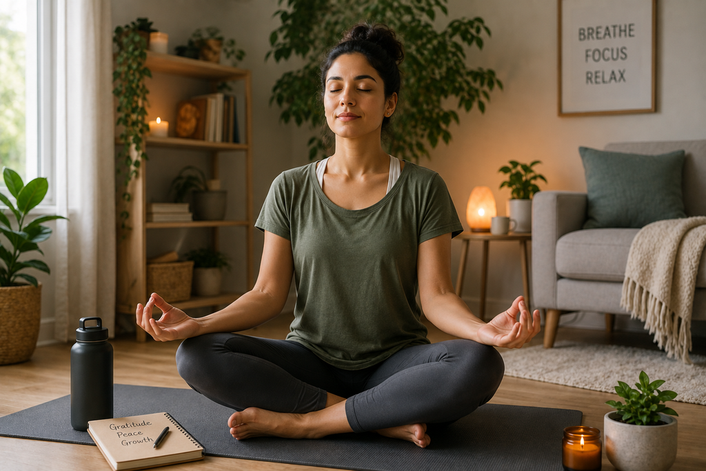 Woman practicing meditation in a calm home environment to support relaxation, mindfulness, and stress management.