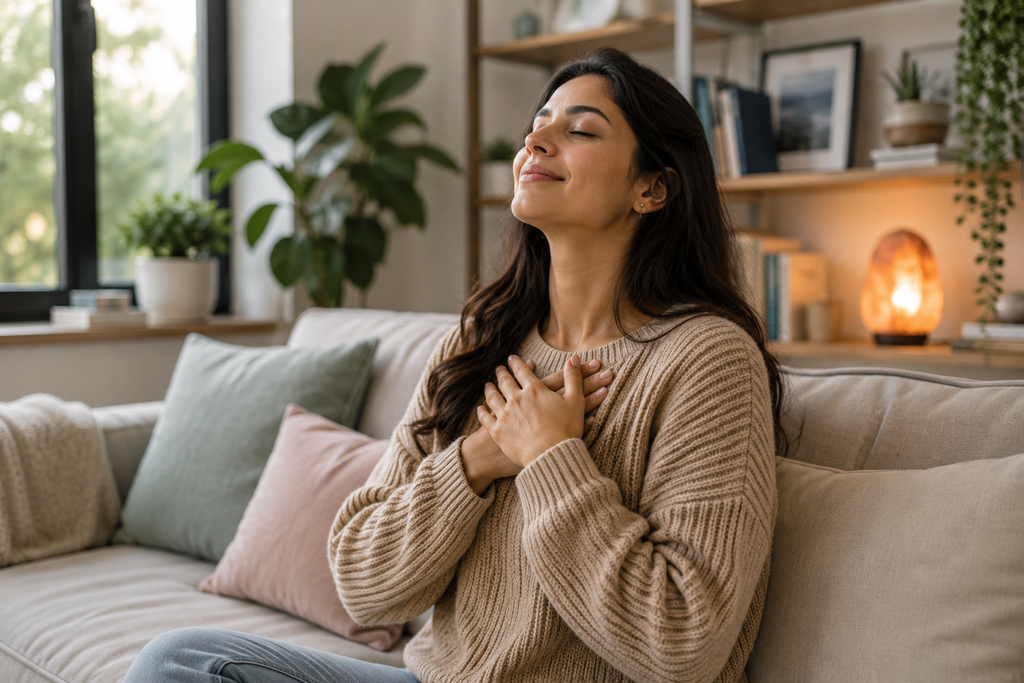 Woman practicing a calming mindfulness exercise at home to support emotional balance, relaxation, and mental well-being.