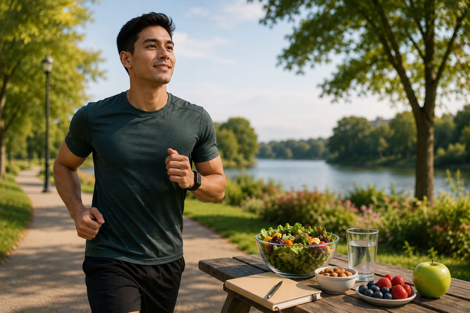 Man jogging outdoors as part of a healthy lifestyle that supports stress reduction, mood, and mental well-being.