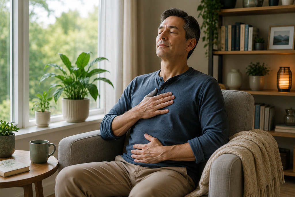 Man practicing a deep breathing exercise in a calm home environment to promote relaxation, mindfulness, and stress reduction.