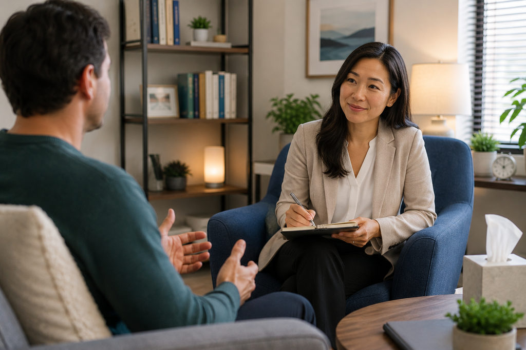 Counselor listening attentively to a client during a private therapy session in a calm and supportive environment.