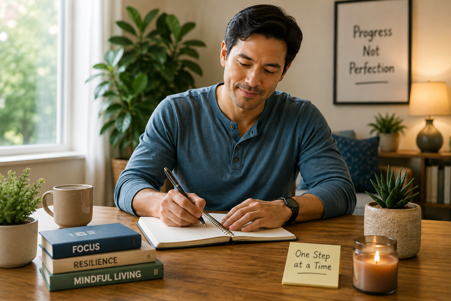 Man journaling in a calm home environment as a coping strategy for managing everyday stress and supporting mental well-being.
