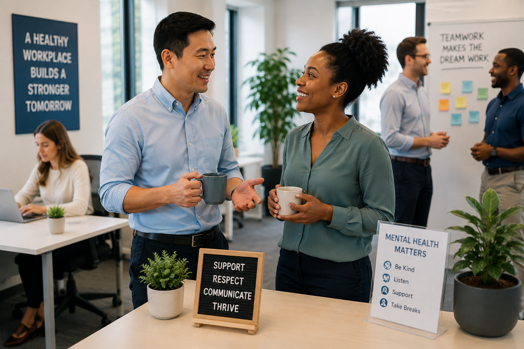 Coworkers having a supportive conversation in a collaborative workplace environment that promotes mental health, communication, and work-life balance.