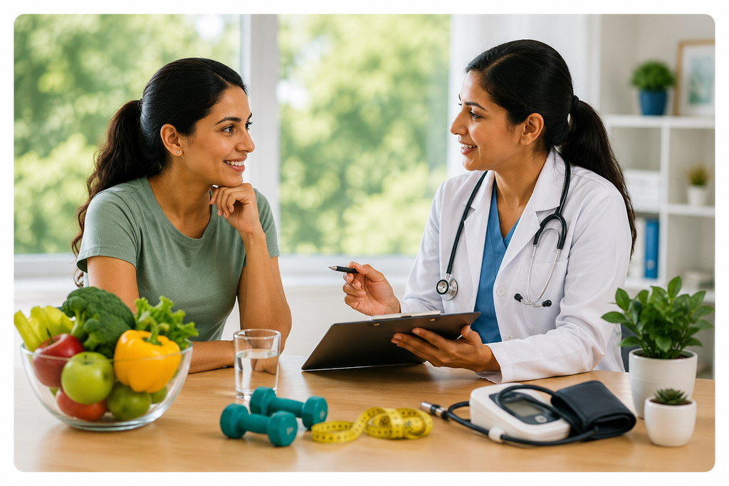 Healthcare provider discussing preventive care and healthy lifestyle choices with a patient during a routine wellness consultation.