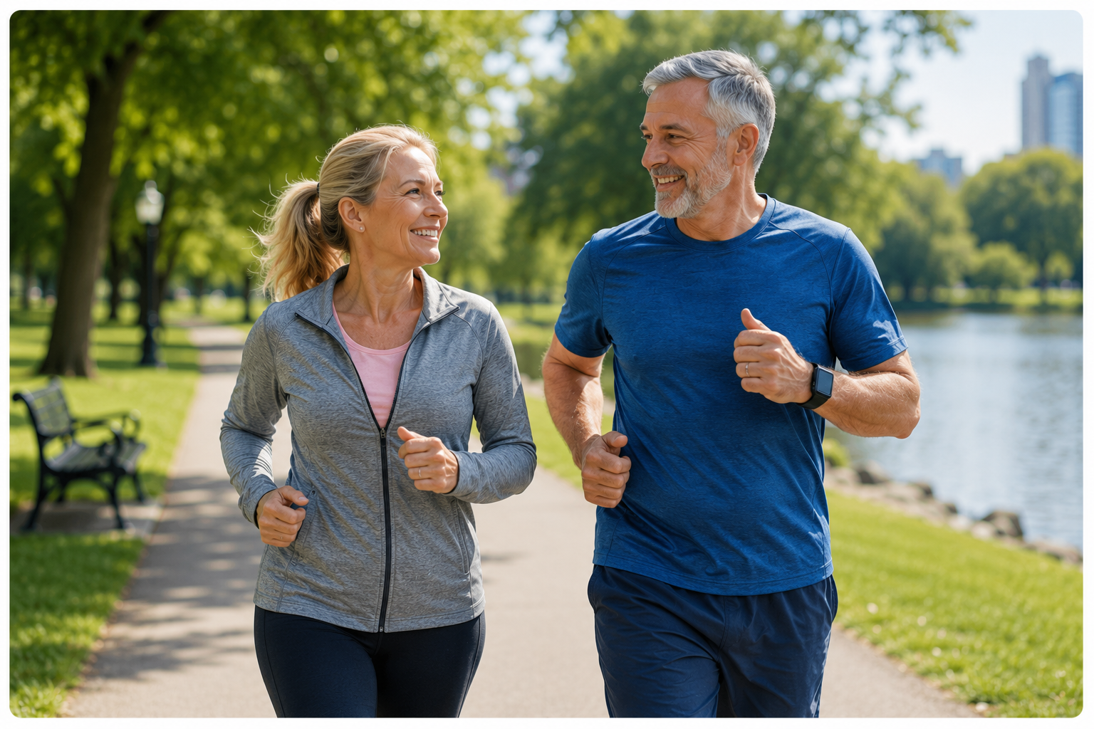 Older couple exercising together outdoors to support cardiovascular health and reduce the risk of heart disease.