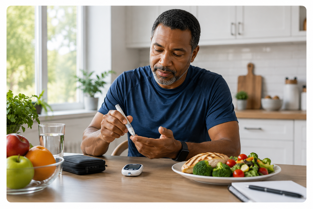 Man monitoring his blood sugar at home alongside a balanced meal to support diabetes prevention and management.