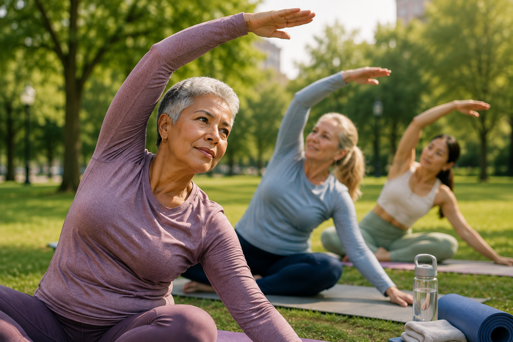 Women participating in outdoor exercise to support an active lifestyle and reduce the risk of chronic disease.