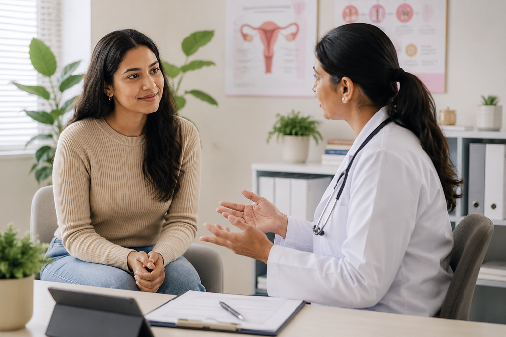 Woman discussing sexual and reproductive health with a healthcare provider during a private medical consultation.