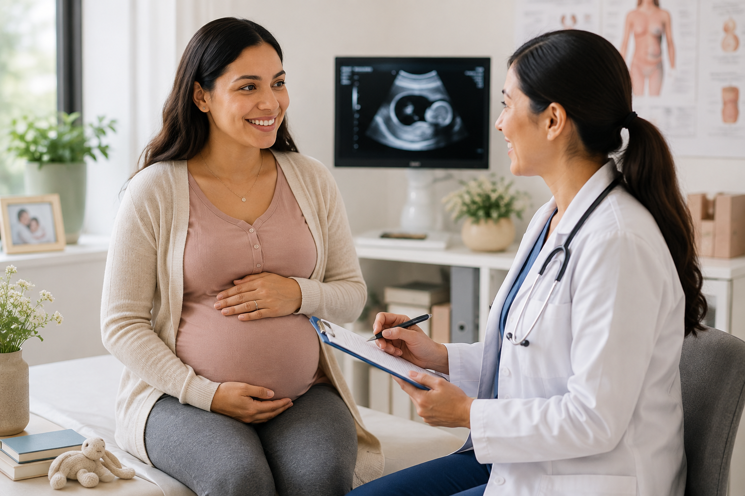 Pregnant woman discussing prenatal care with a healthcare provider during a routine medical visit.