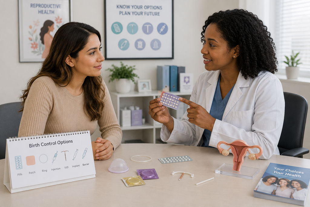 Healthcare provider discussing birth control and family planning options with a woman during a reproductive health consultation.