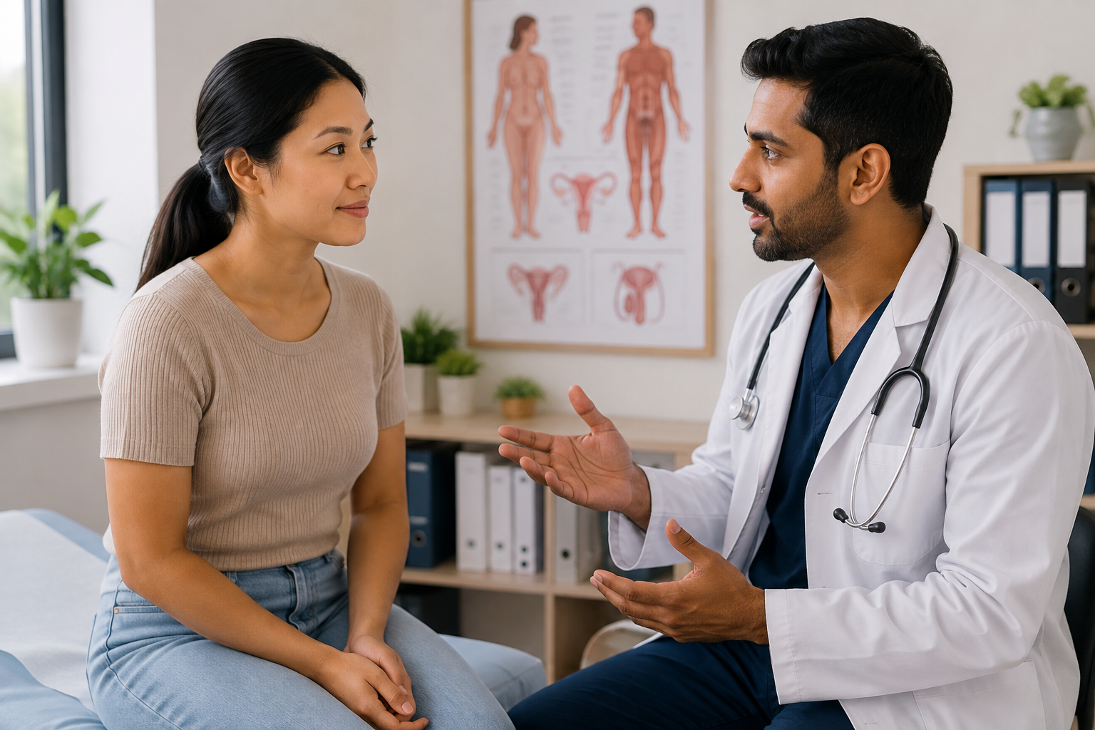 Woman discussing reproductive health and preventive care with a healthcare provider during a routine medical consultation.
