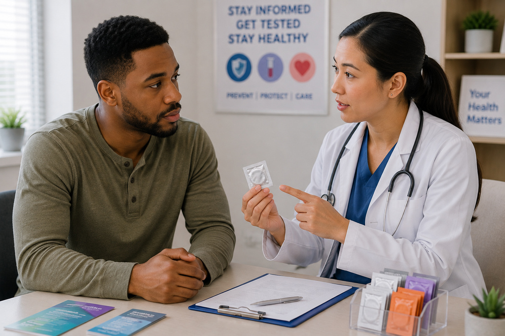 Healthcare provider discussing sexually transmitted infection prevention, testing, and safe practices with a male patient during a private consultation.
