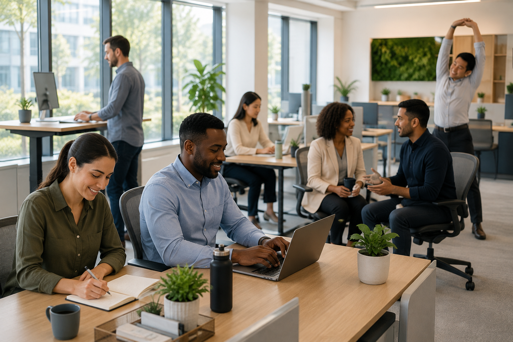 Diverse professionals working in a bright, modern office with ergonomic workspaces, collaboration, movement, and wellness-focused practices that support workplace health and productivity.