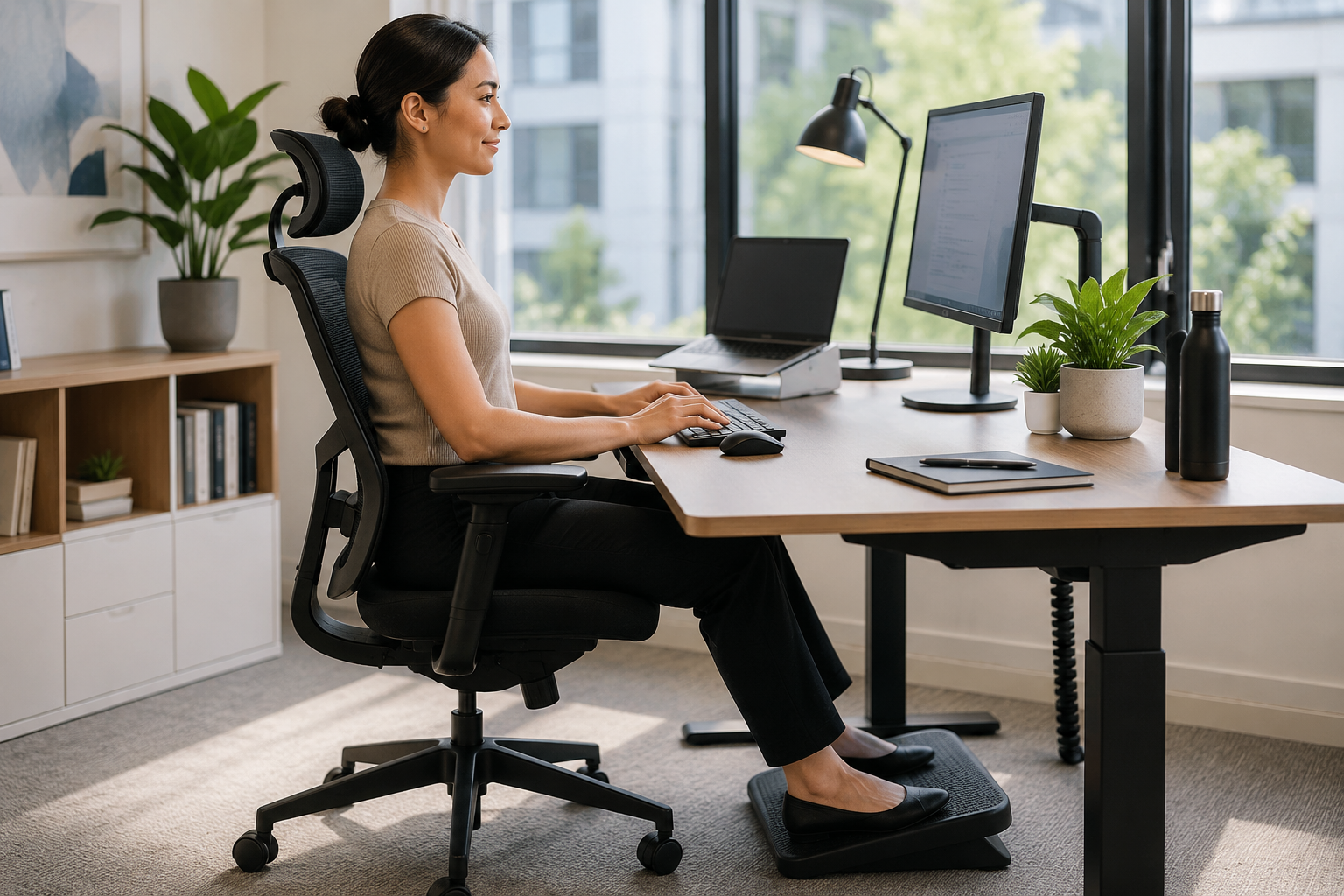 Woman working at an ergonomically designed workstation with proper posture, an adjustable chair, monitor, keyboard, and footrest to support workplace comfort and wellness.