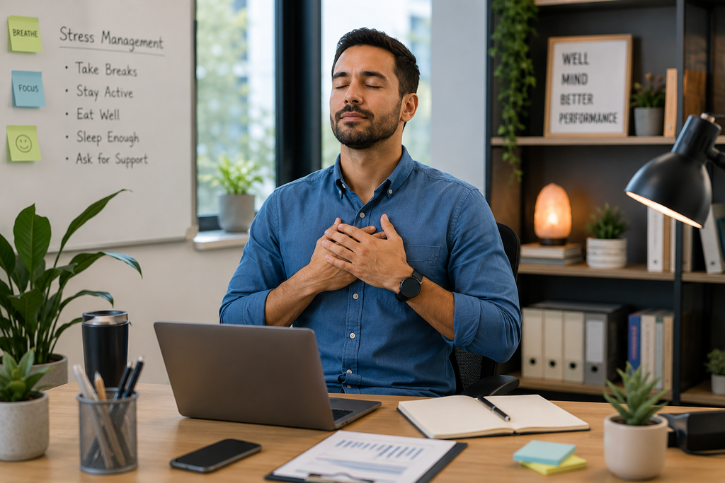 Employee practicing mindful breathing at his desk to reduce workplace stress, prevent burnout, and support mental well-being.