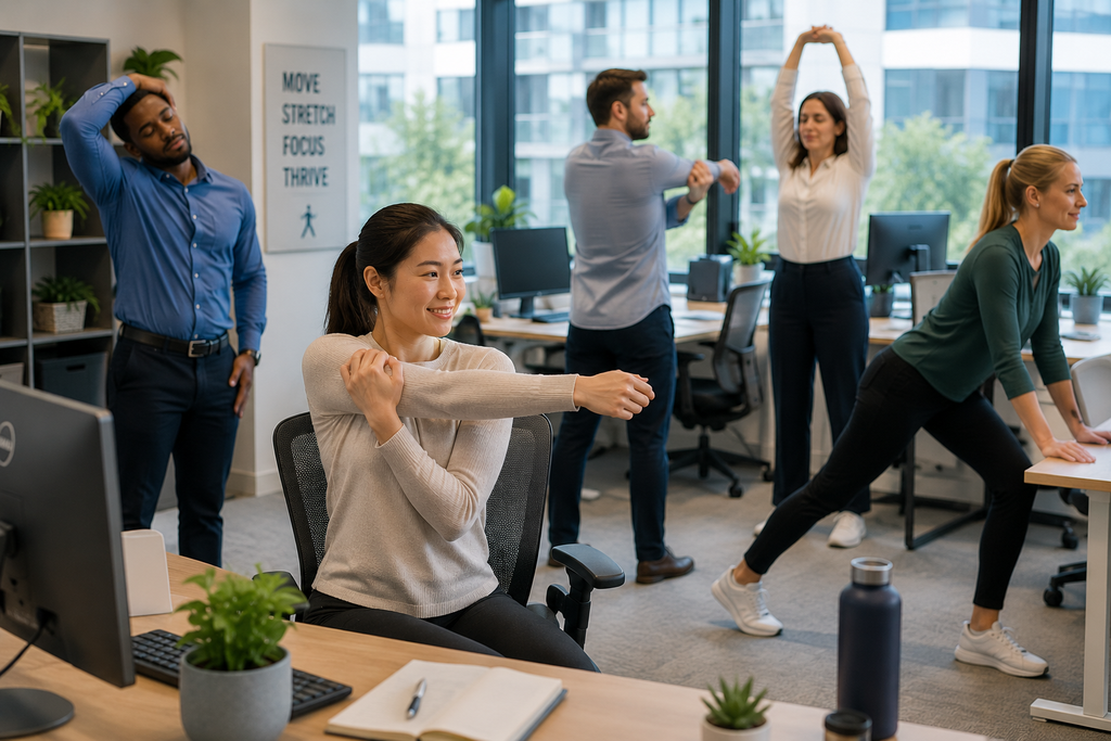 Office employees performing simple stretches at their workstations to reduce muscle tension, improve mobility, and support workplace health and productivity.