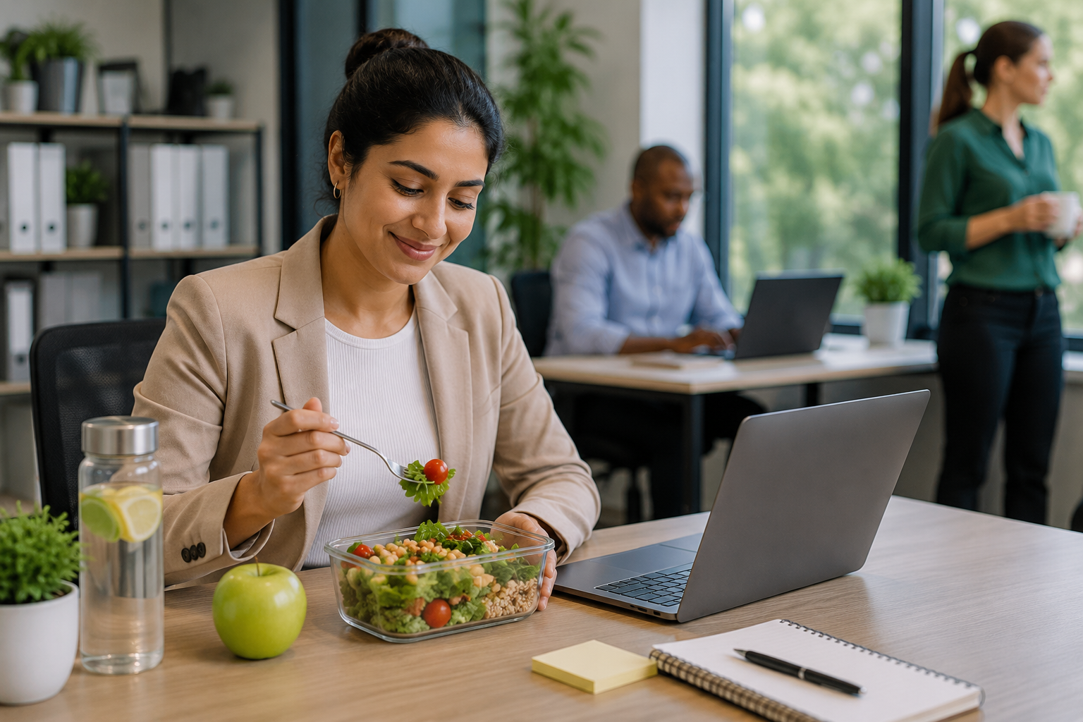 Woman enjoying a nutritious meal with fresh vegetables, whole grains, fruit, and water at her desk to support energy, focus, and workplace wellness.