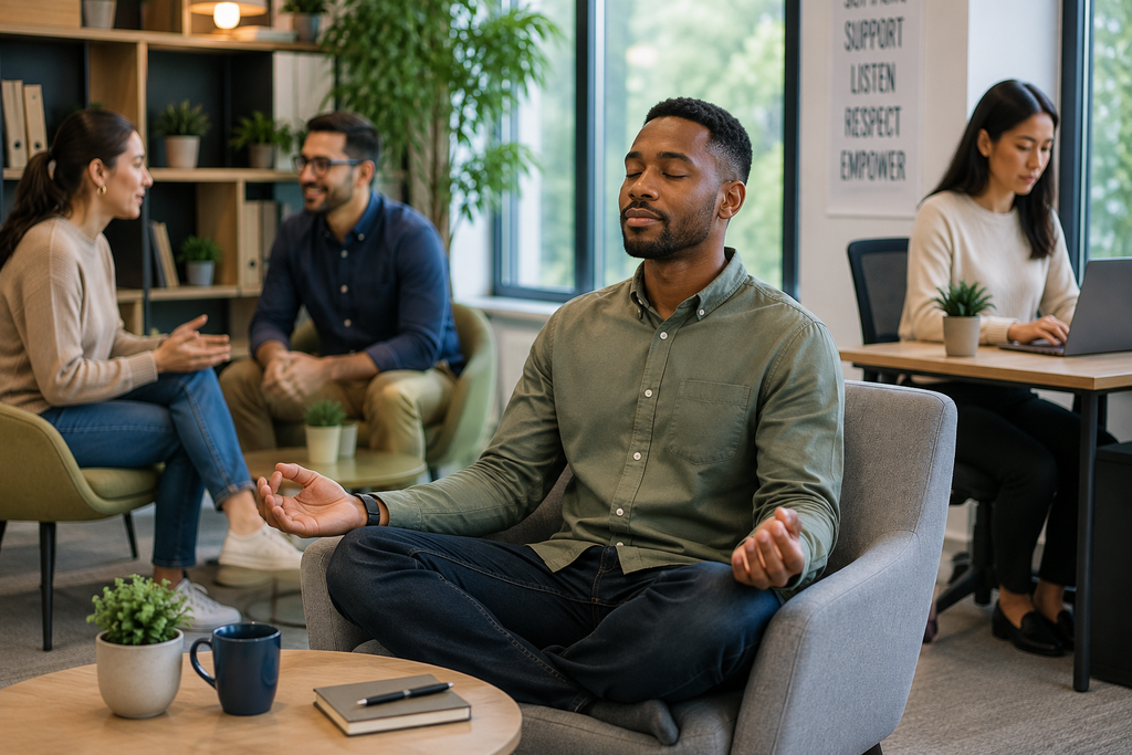 Employee practicing mindfulness in a supportive office environment to promote mental well-being, reduce stress, and improve workplace health and productivity.
