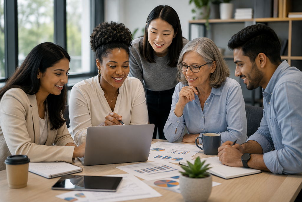 Diverse group collaborating on financial planning and education to promote equal access, financial empowerment, and long-term financial security.